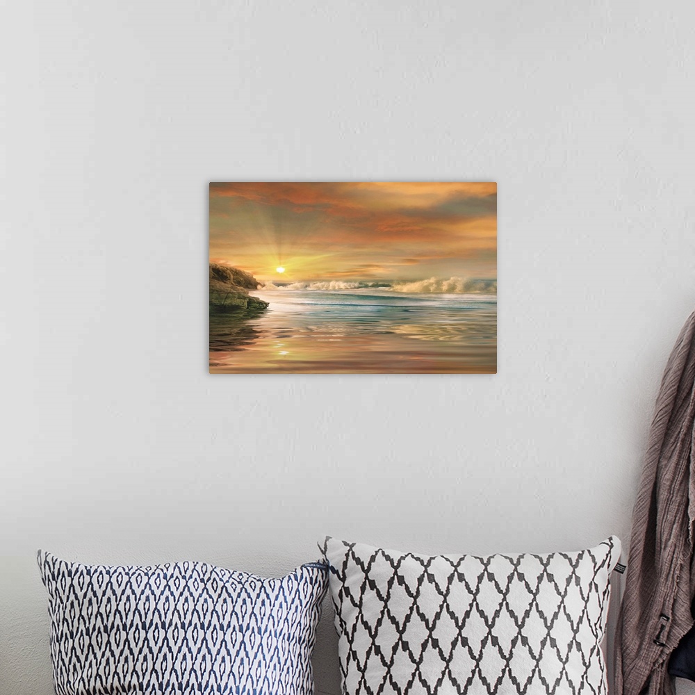 A bohemian room featuring Beautiful photograph of a warm sunset over crashing ocean waves and rocky cliffs.