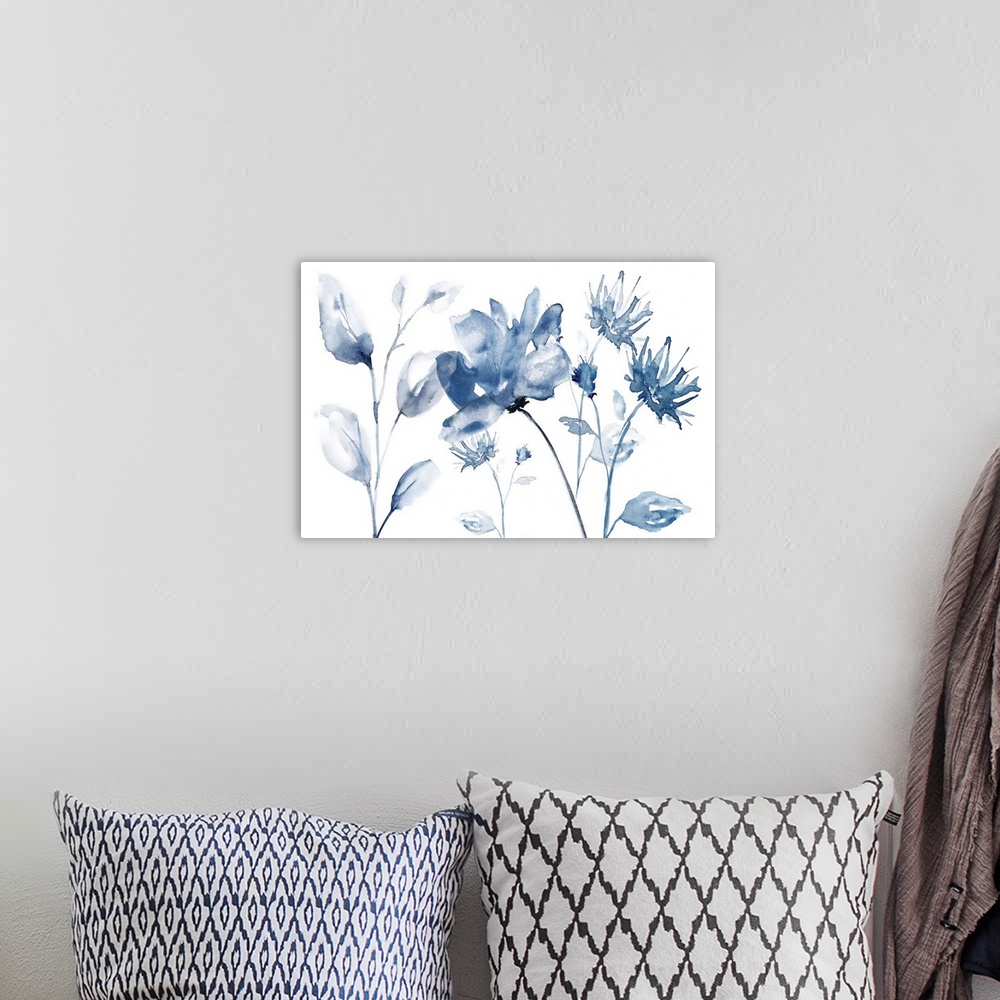 A bohemian room featuring Watercolor painting of indigo flowers on a white background.