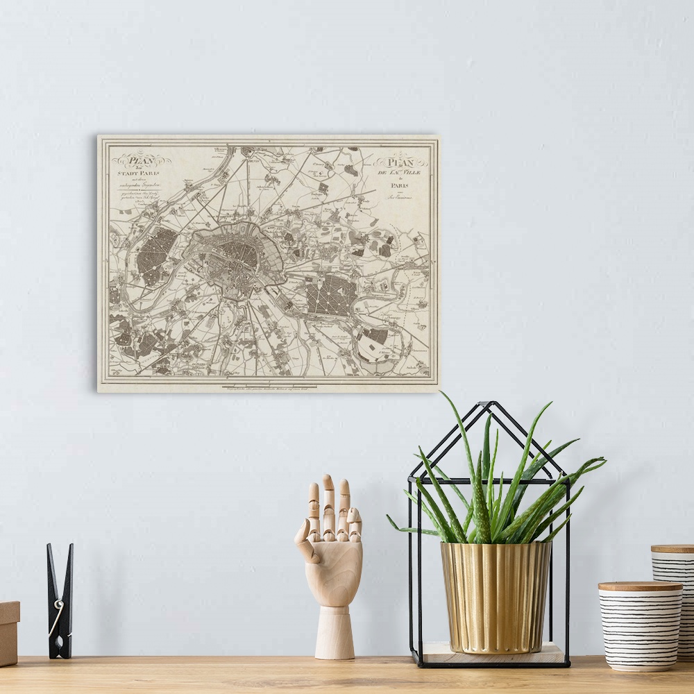 A bohemian room featuring Vintage map of Paris, France from 1805.