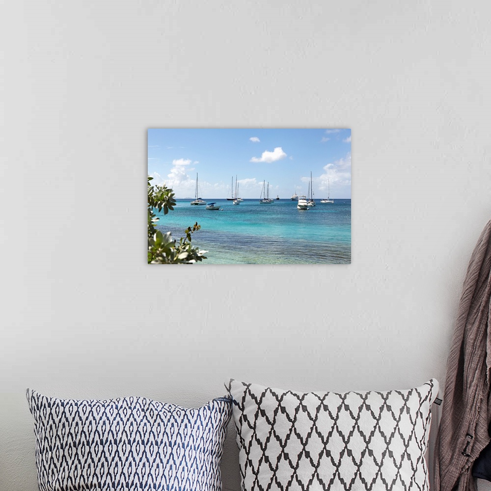 A bohemian room featuring Photograph of sailboats on the crystal blue waters of the Caribbean.
