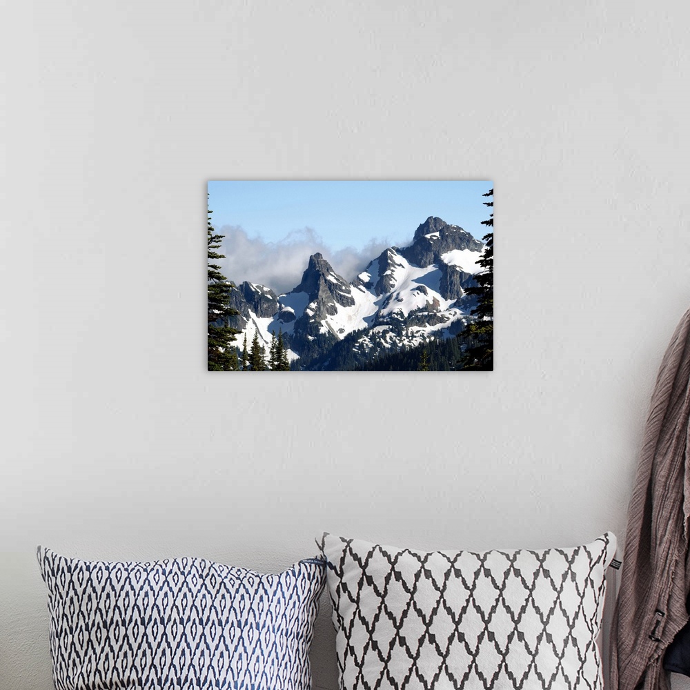 A bohemian room featuring Landscape photograph of the snowy peaks on Goat Island Mountain framed with tall pine trees