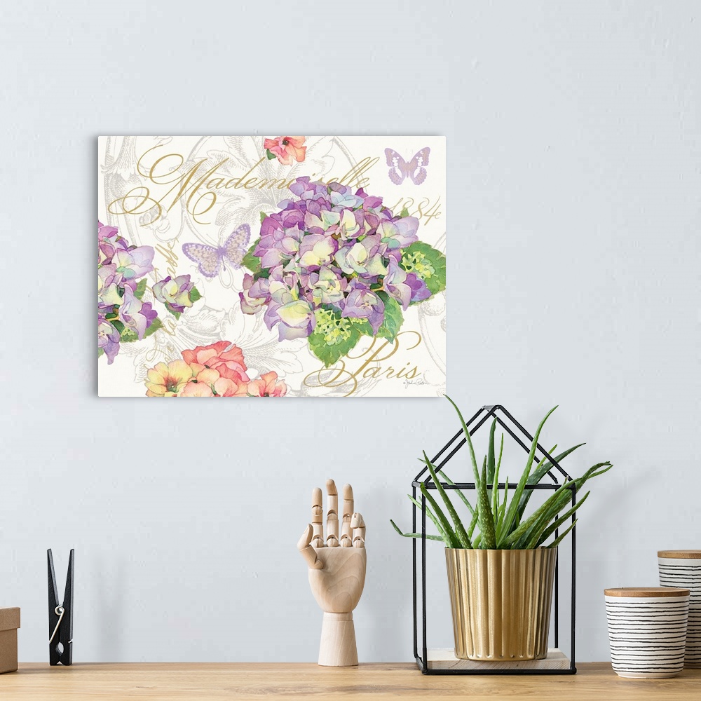 A bohemian room featuring French themed art with painted hydrangeas and butterflies on top of a white background with flora...