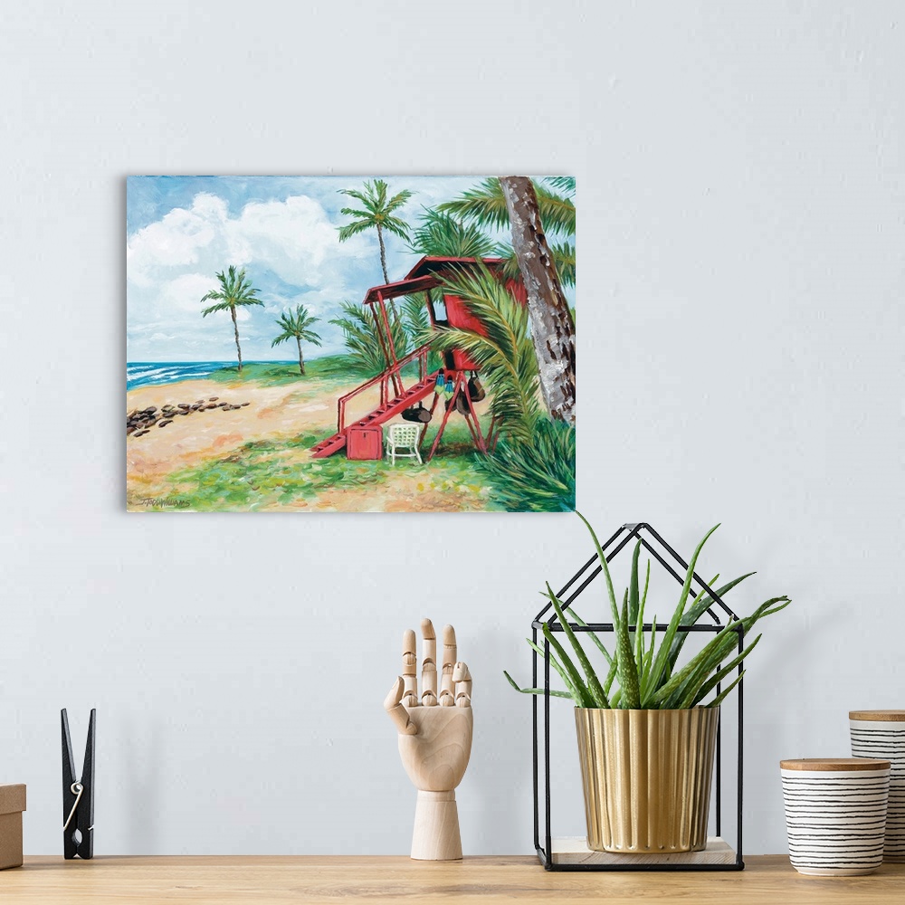 A bohemian room featuring Contemporary painting of a little red shack on the beach surrounded by palm trees.