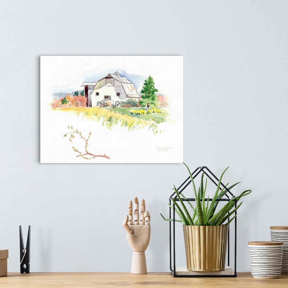 A bohemian room featuring Watercolor landscape painting of a white barn with beautiful scenery.