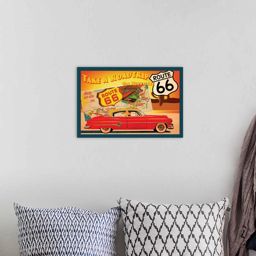 A bohemian room featuring Vintage illustrated poster advertising a road trip on Route 66.