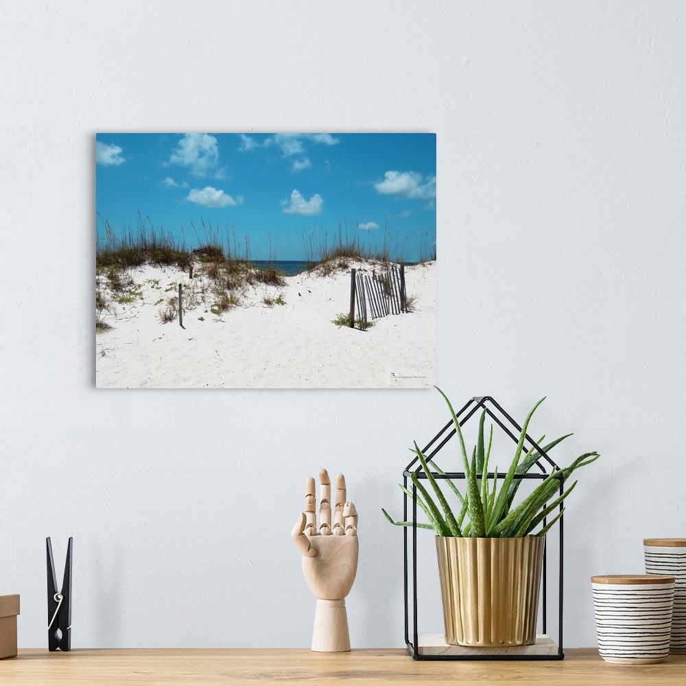 A bohemian room featuring Landscape photograph of sand dunes with the ocean in the background and blue skies.