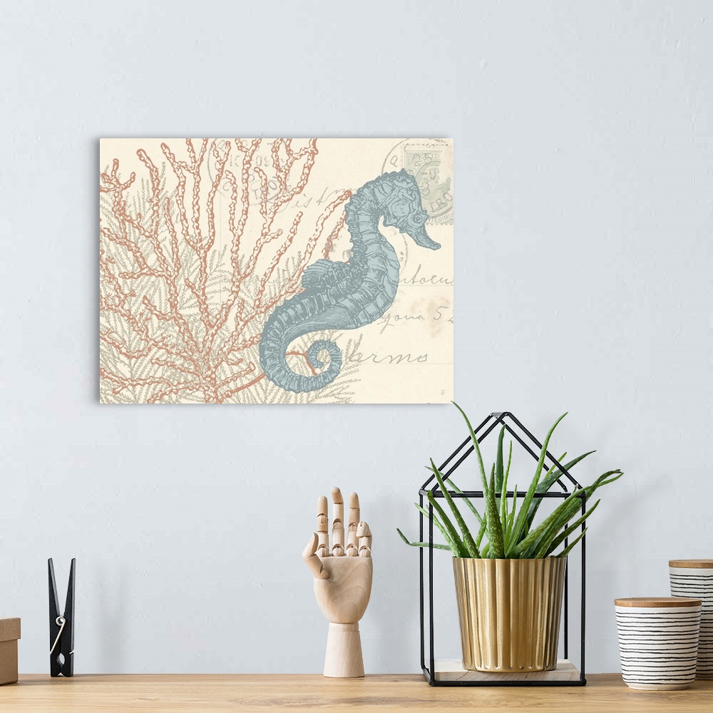 A bohemian room featuring Beach themed illustration of a blue seahorse and coral on a cream colored postcard with handwriting.