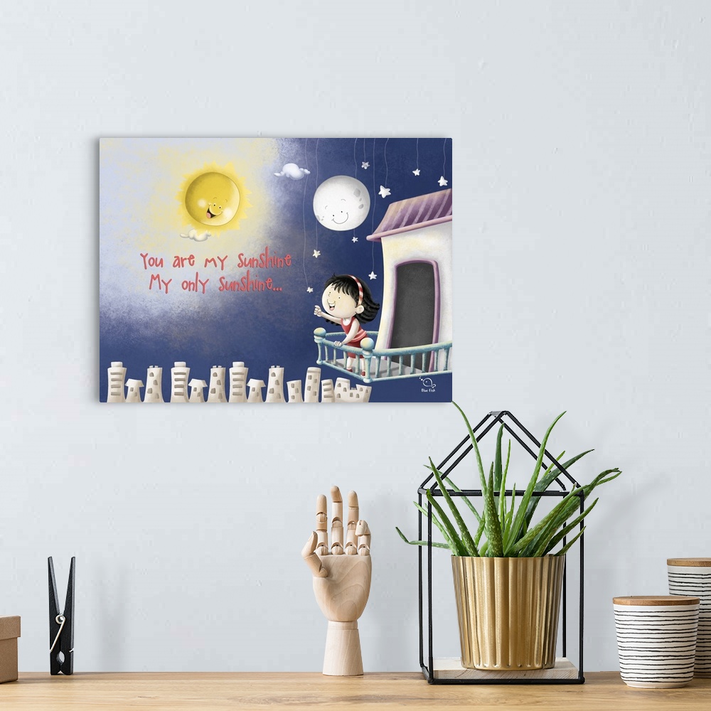 A bohemian room featuring Whimsical illustration of a little girl on a balcony above a city looking at the sun, moon, and s...
