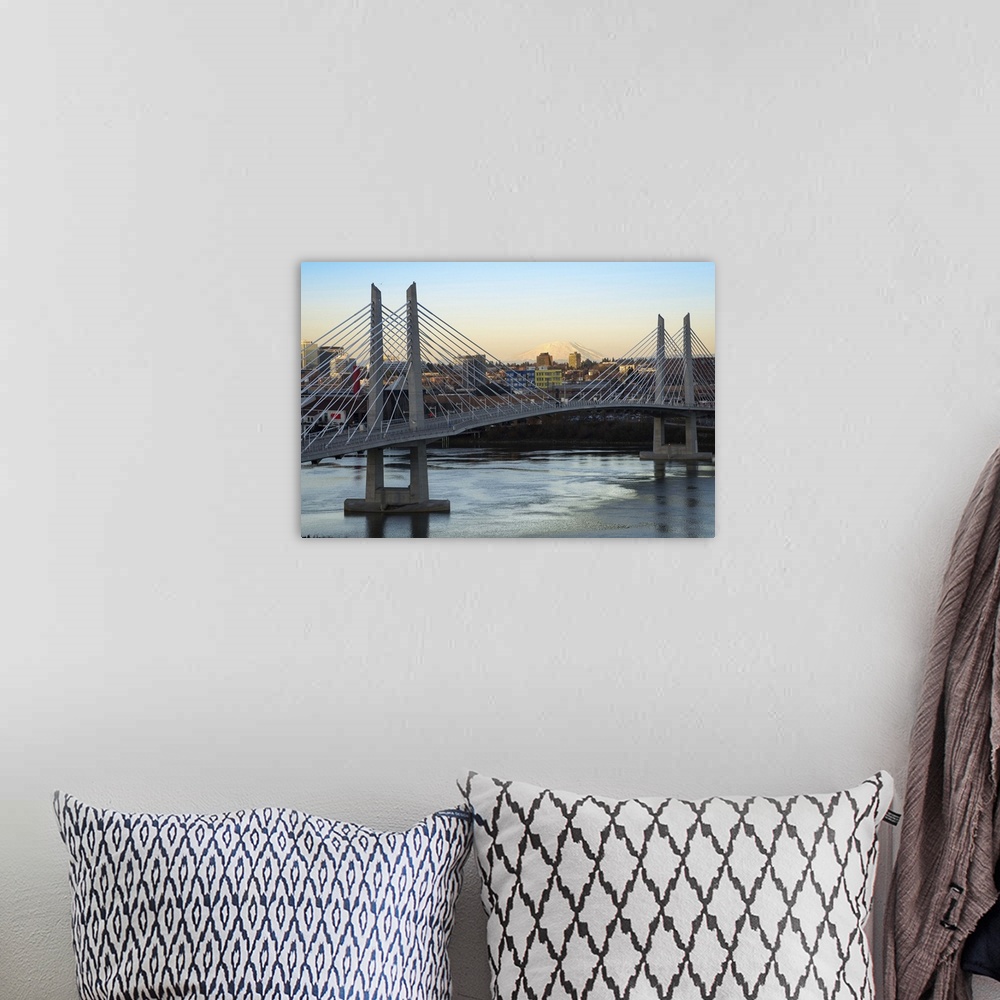 A bohemian room featuring Photograph of Tilikum Crossing Cable Bridge in Portland with the city and  Mount St. Helens in th...