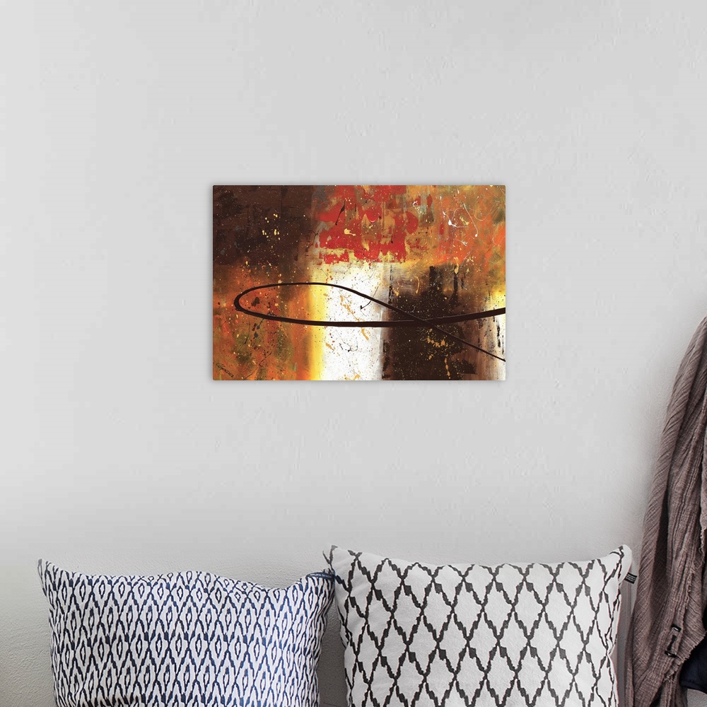 A bohemian room featuring Large abstract painting with sections of brown, orange, yellow, red and white hues with paint spl...