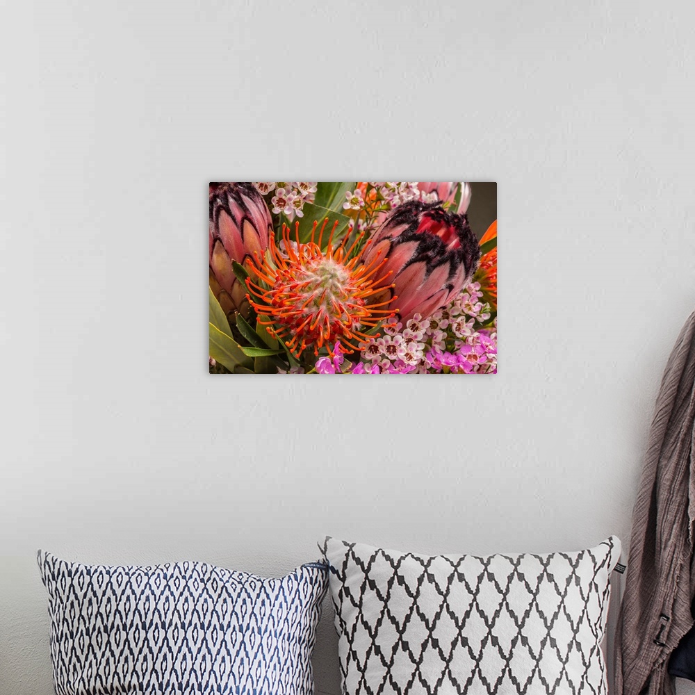 A bohemian room featuring Photograph of a close up of bouquet of tropical flowers.