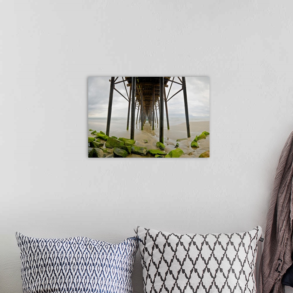 A bohemian room featuring Photograph under Oceanside pier with algae covered rocks at low tide.