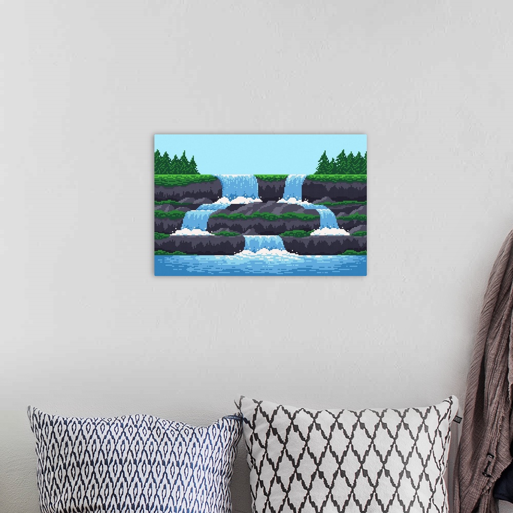 A bohemian room featuring 8-Bit Waterfall Cascade From Mountain