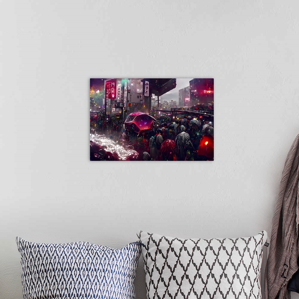 A bohemian room featuring Abstract city street, spaceship scene.