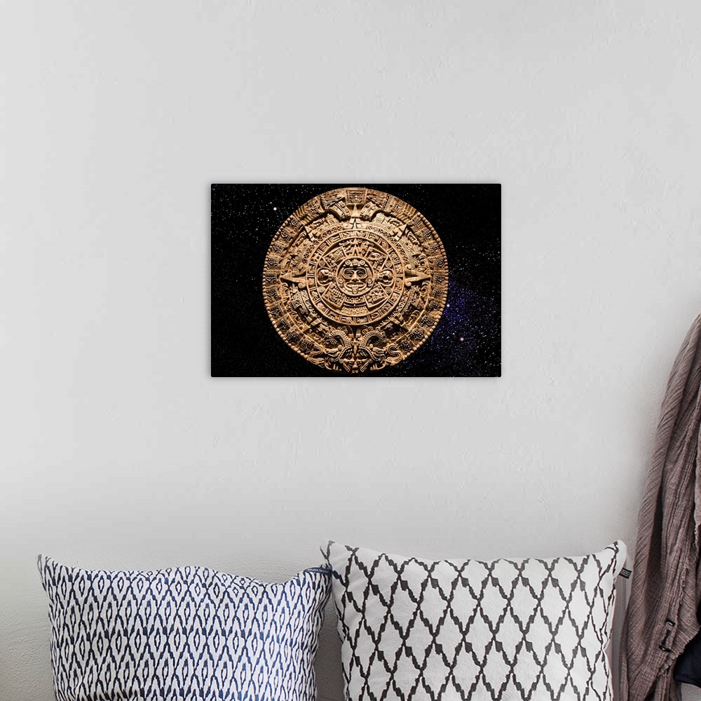 A bohemian room featuring Aztec calendar stone carving in space