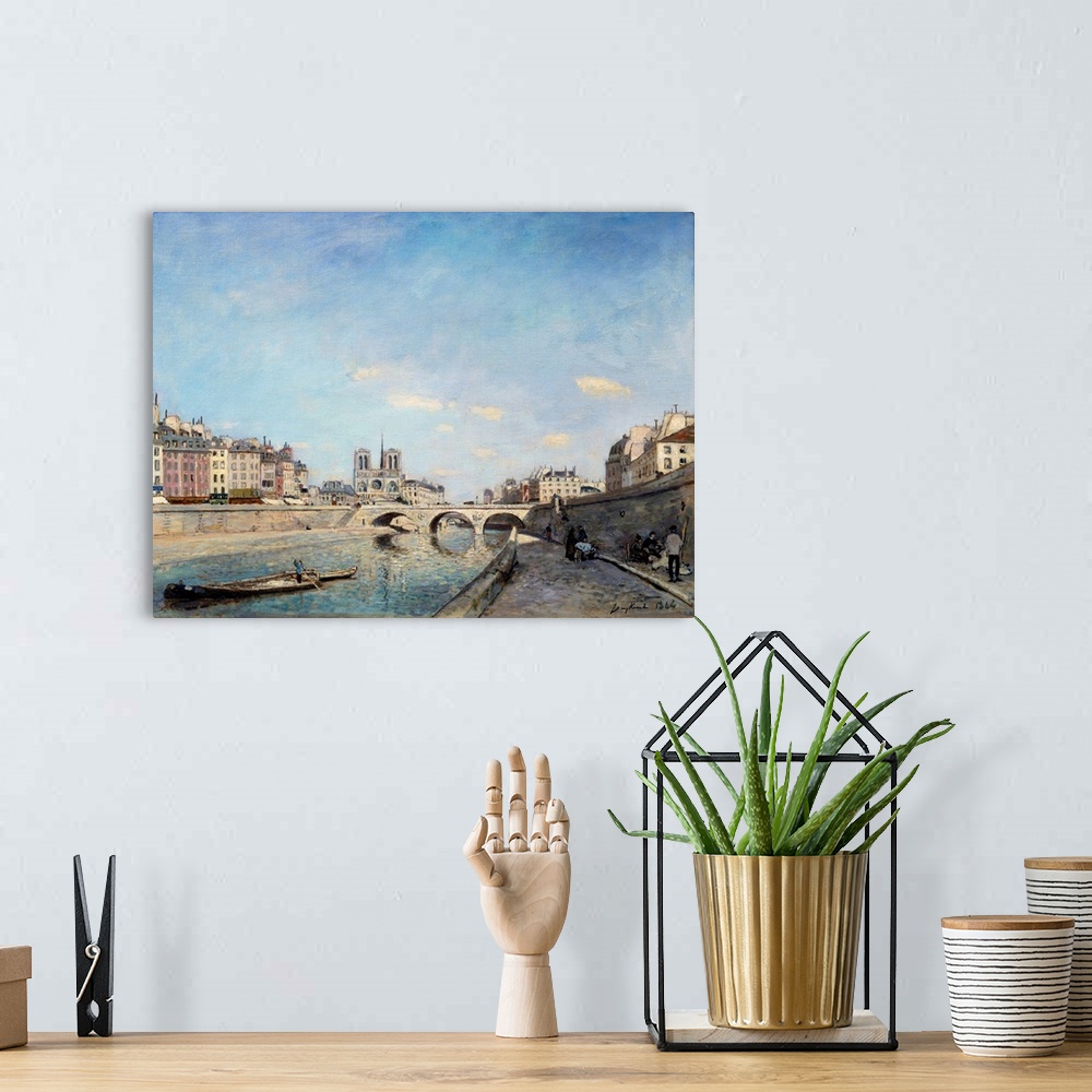 A bohemian room featuring View of the banks of the Seine and Notre Dame Cathedral in Paris. A barge on the river. Painting ...
