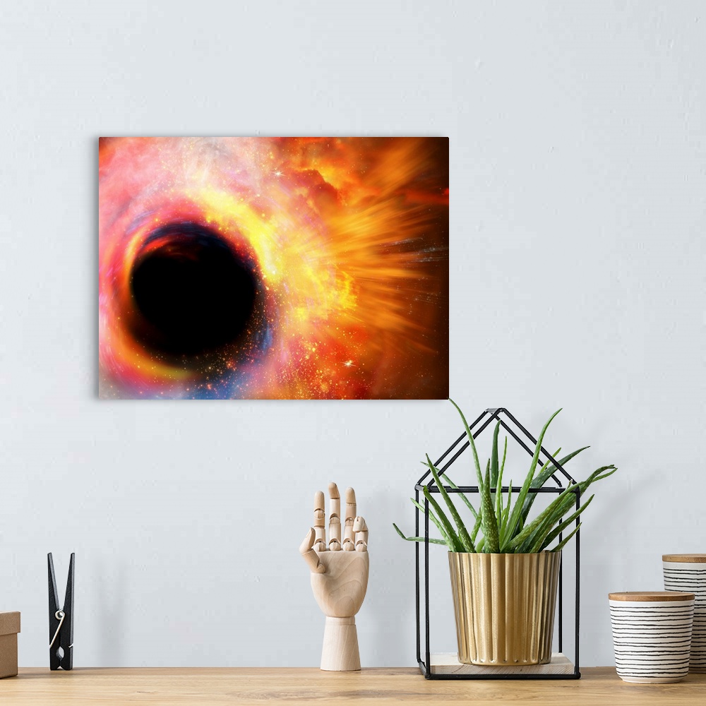 A bohemian room featuring Black hole formation, computer artwork.