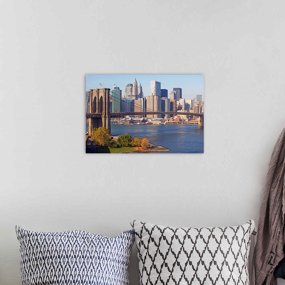A bohemian room featuring Photograph of iconic overpass with city skyline in the background.