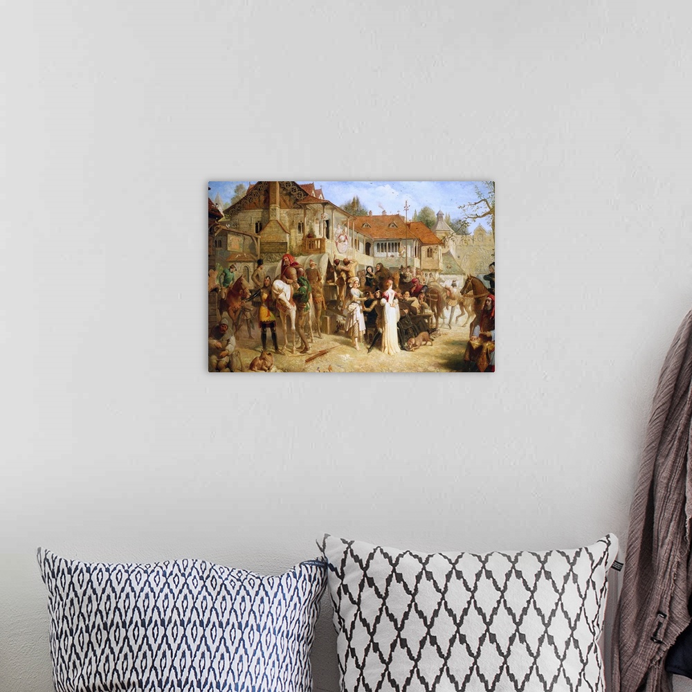 A bohemian room featuring A scene from The Canterbury Tales by Geoffrey Chaucer depicts travelers at the Tabard Inn in Sout...