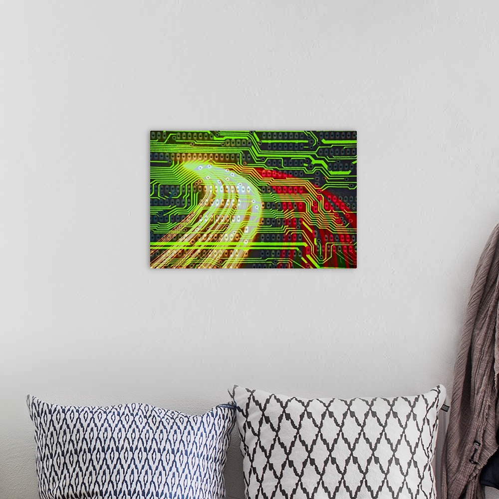 A bohemian room featuring Montage of circuitry and traffic