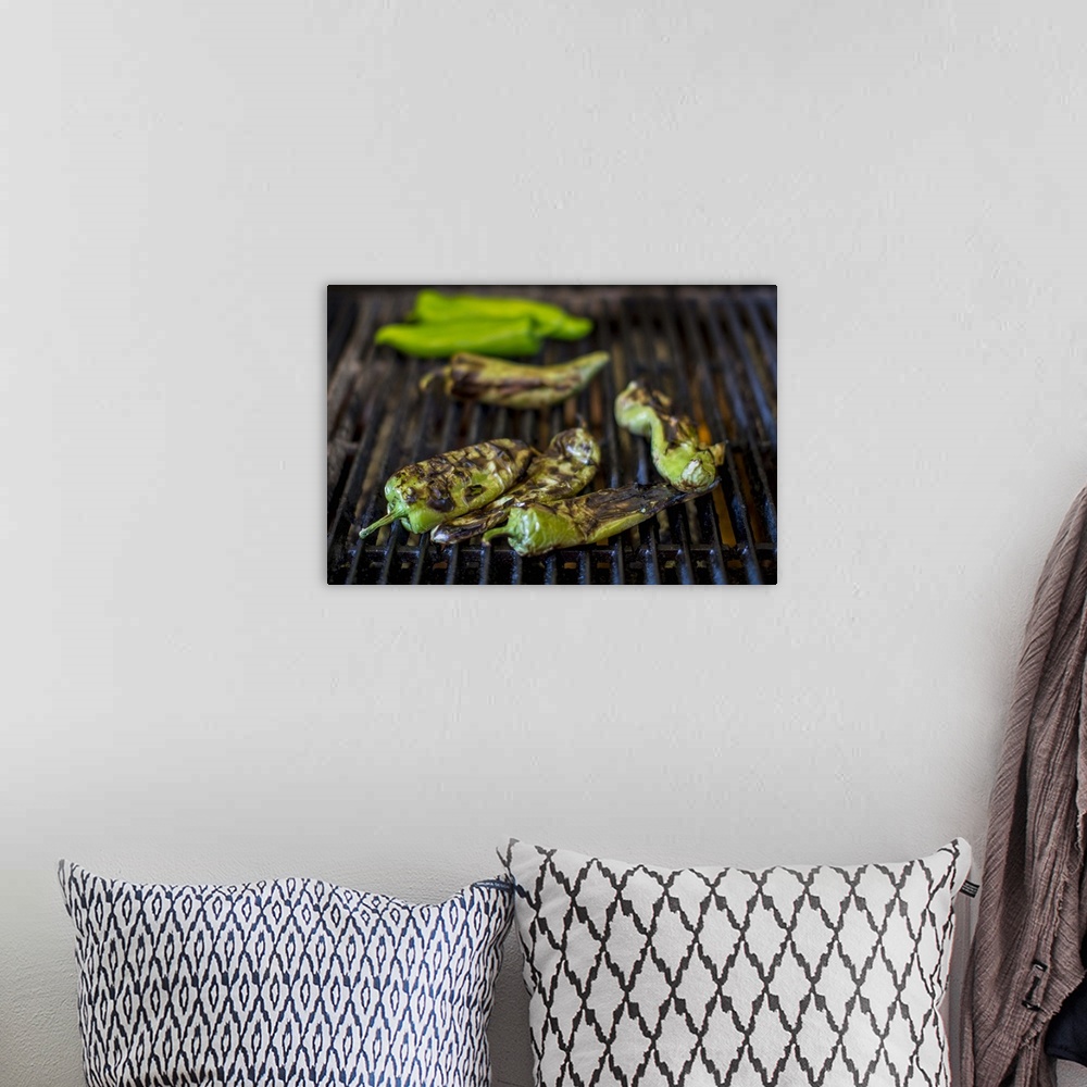 A bohemian room featuring Close up of charred chilies on grill