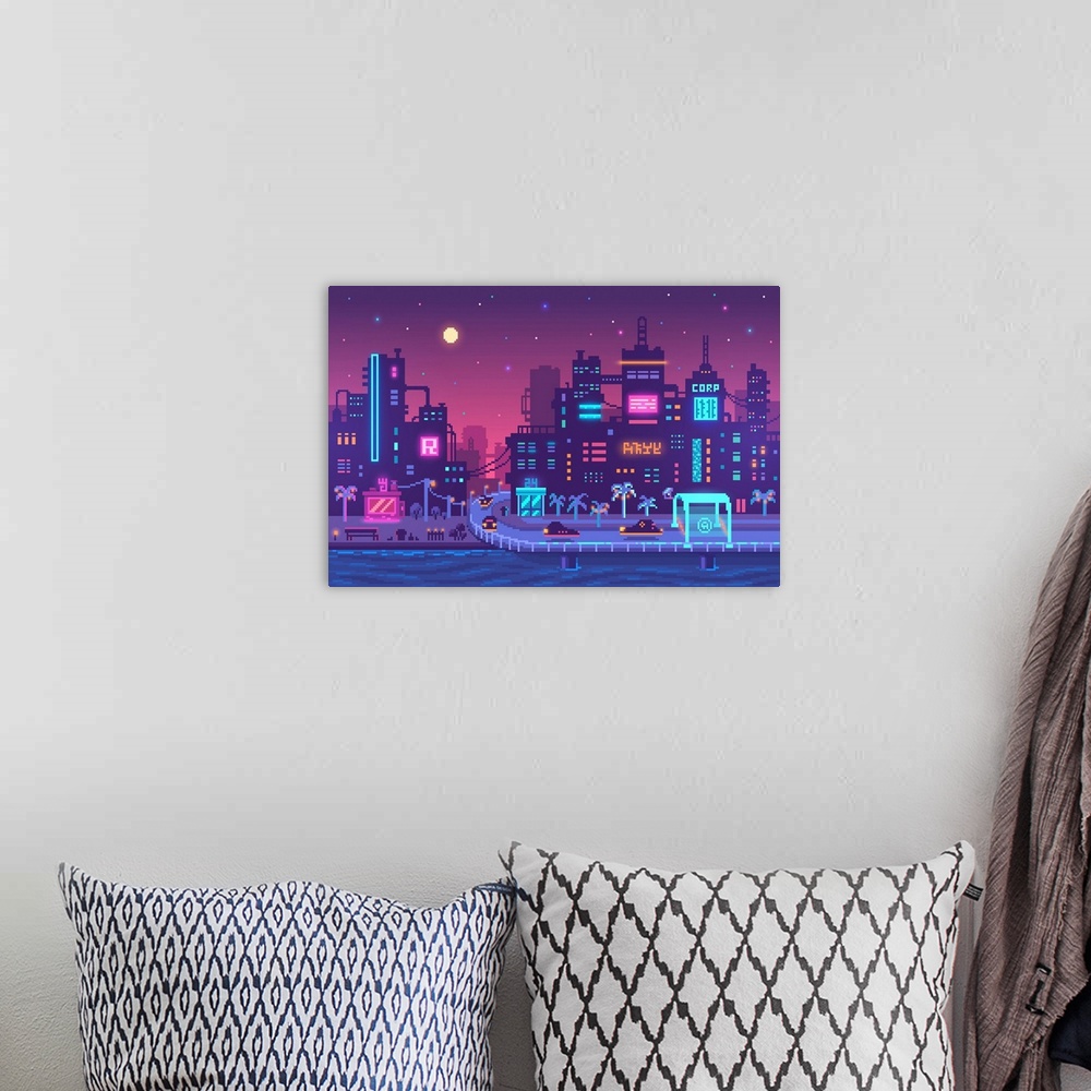 A bohemian room featuring Cyberpunk Neon Metropolis Pixel Art