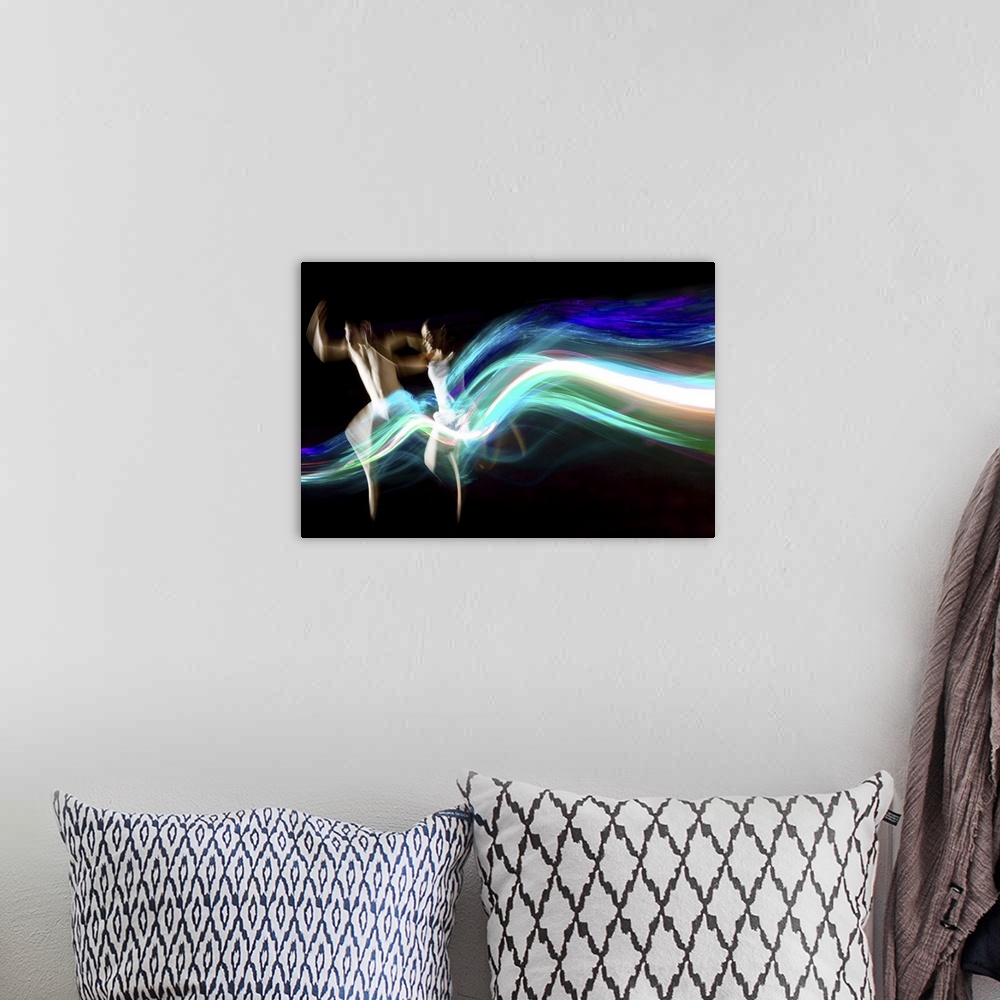 A bohemian room featuring Dance couple race abstract blue light trails