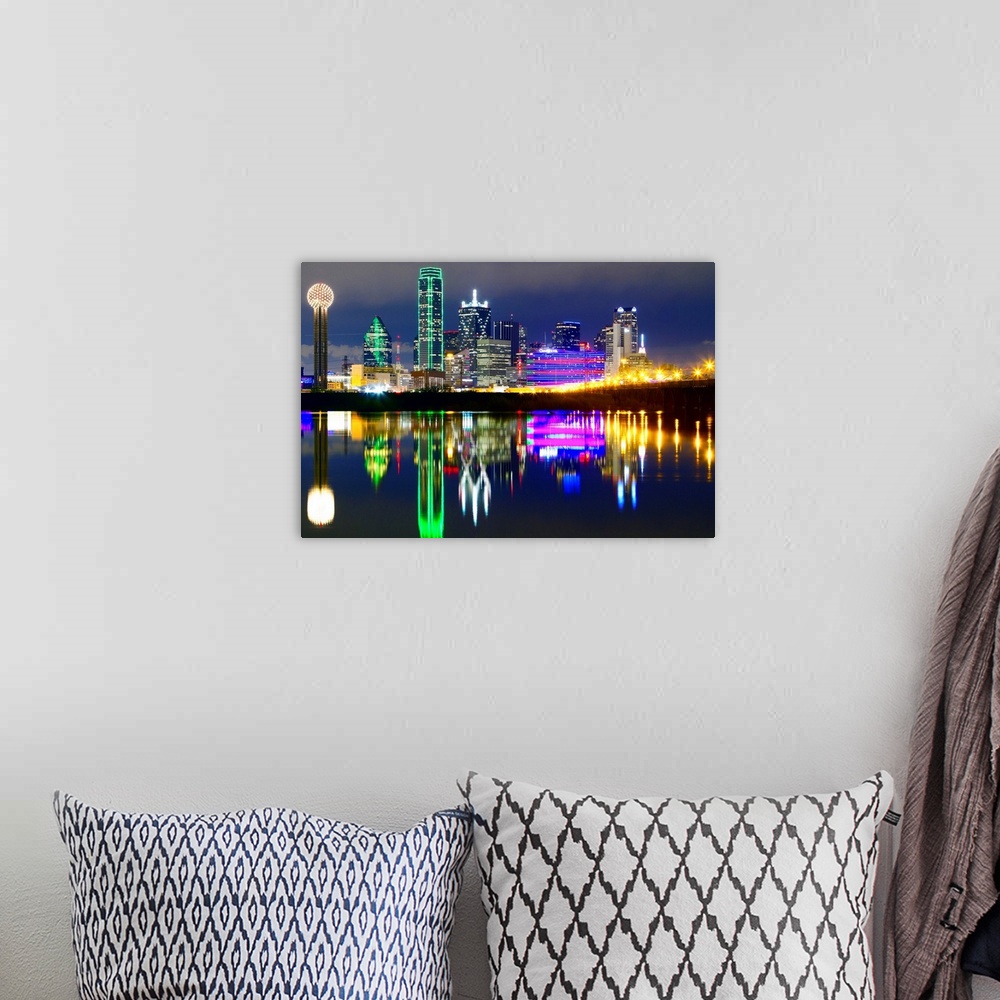 A bohemian room featuring Reflections of downtown Dallas in the Trinity river.