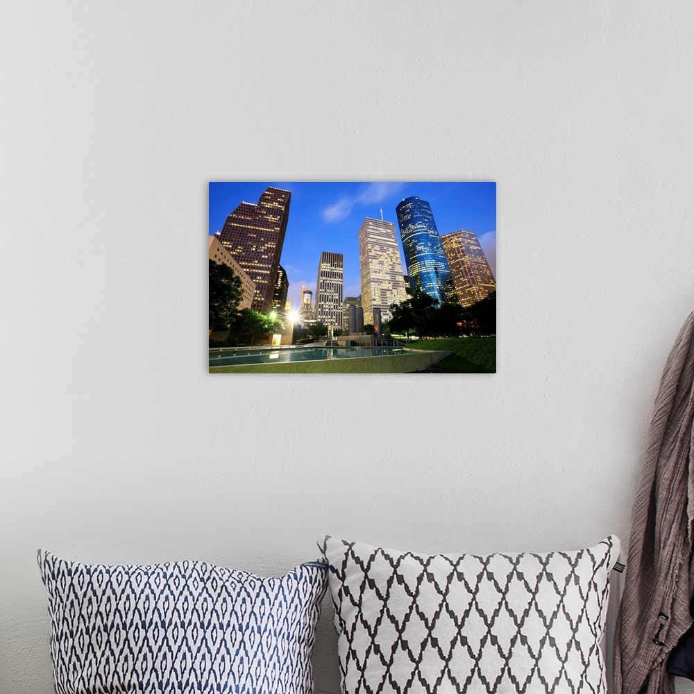 A bohemian room featuring Downtown Houston, Texas at dusk