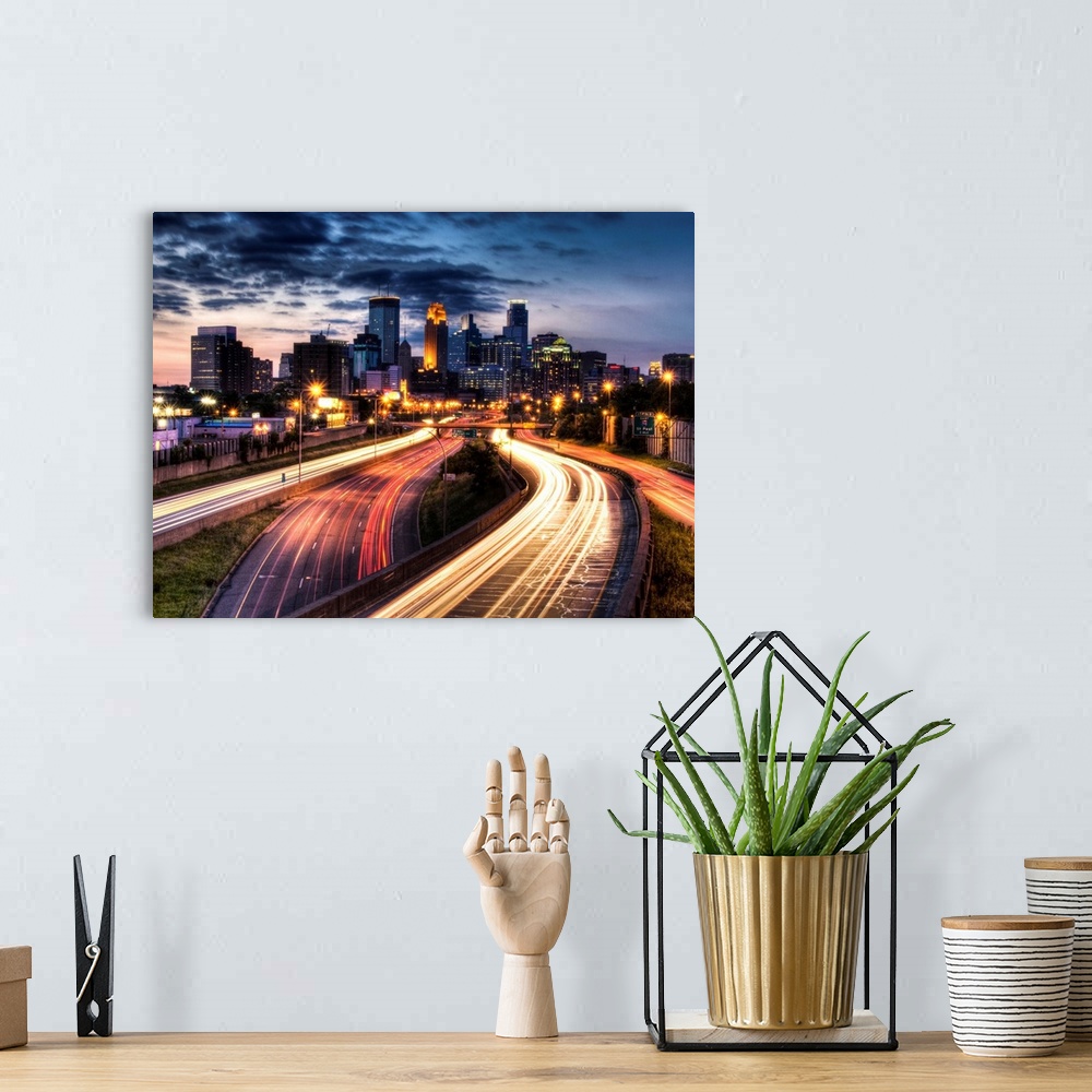 Downtown Minneapolis skyline and light trails on road Wall Art, Canvas ...