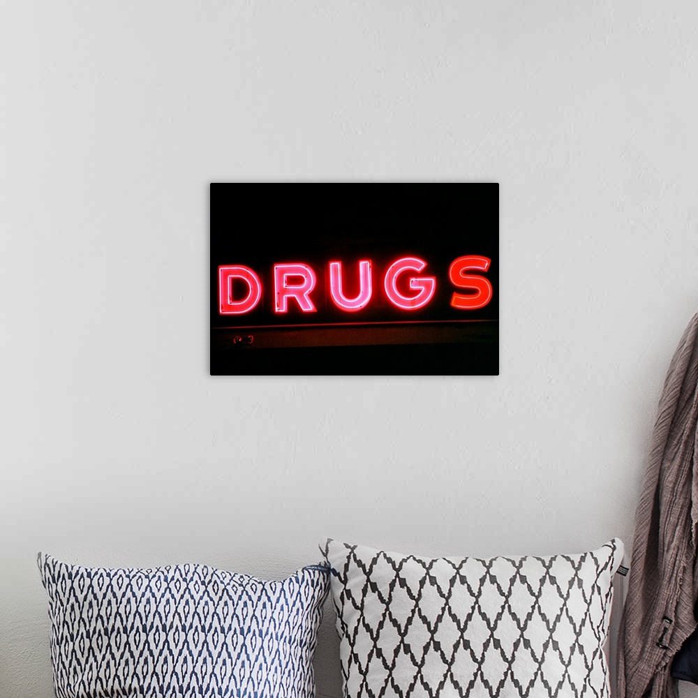 A bohemian room featuring Drugs store sign