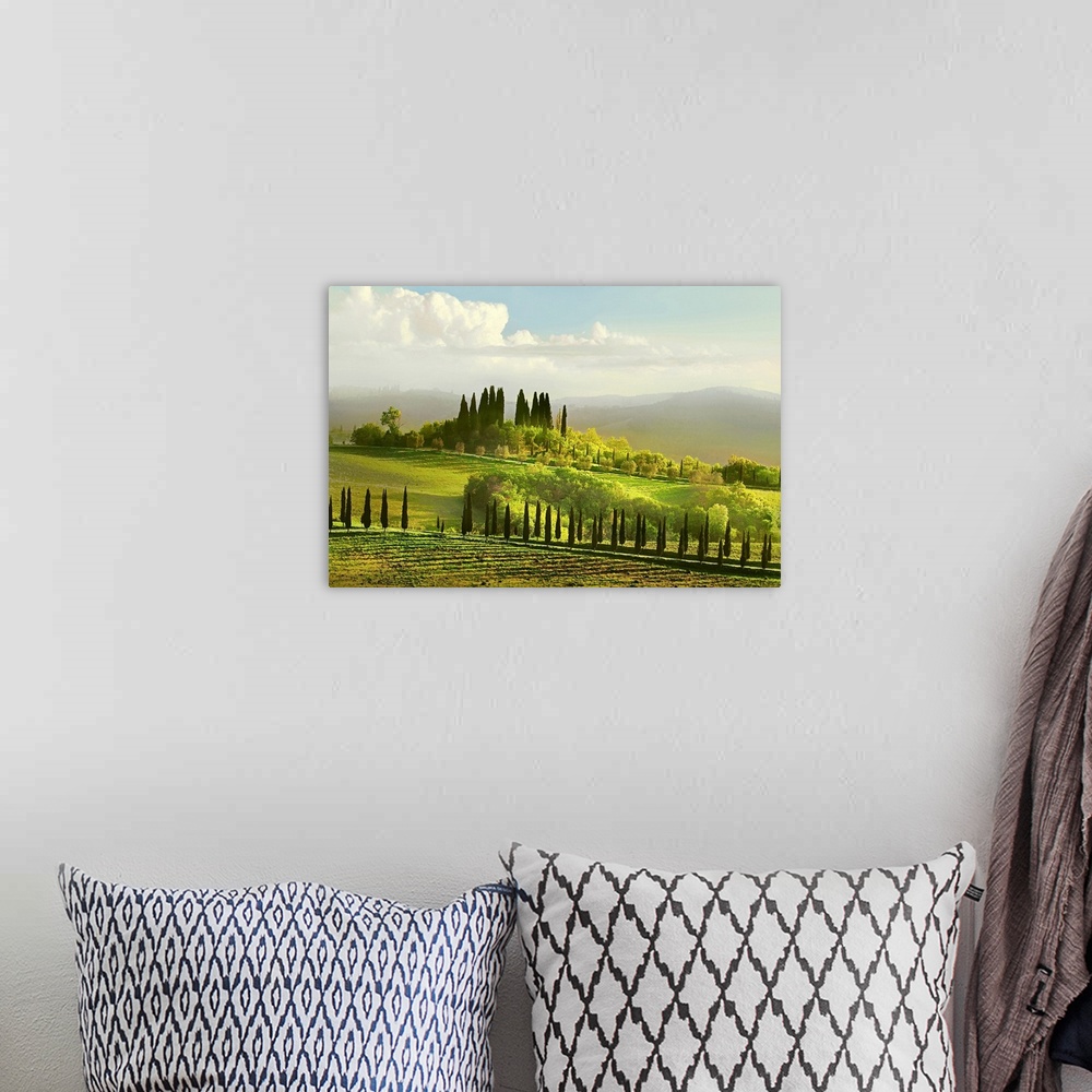 A bohemian room featuring Artwork done of a massive field in Italy that is covered with several types of trees and a large ...
