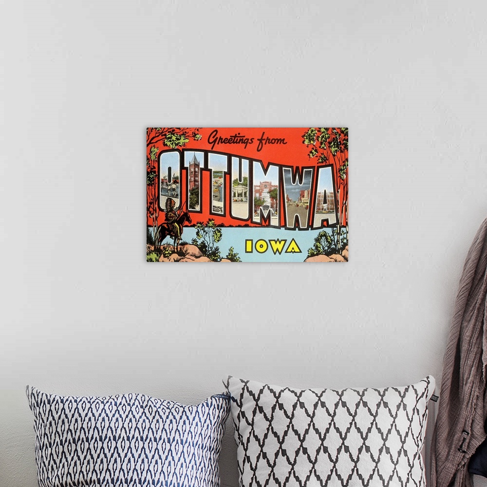 A bohemian room featuring Greetings from Ottumwa, Iowa large letter vintage postcard