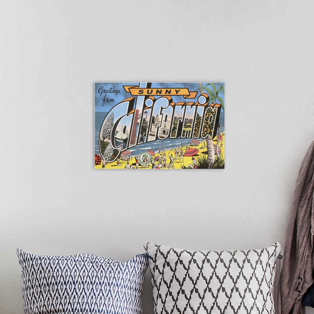 A bohemian room featuring Greetings from Sunny California large letter vintage postcard