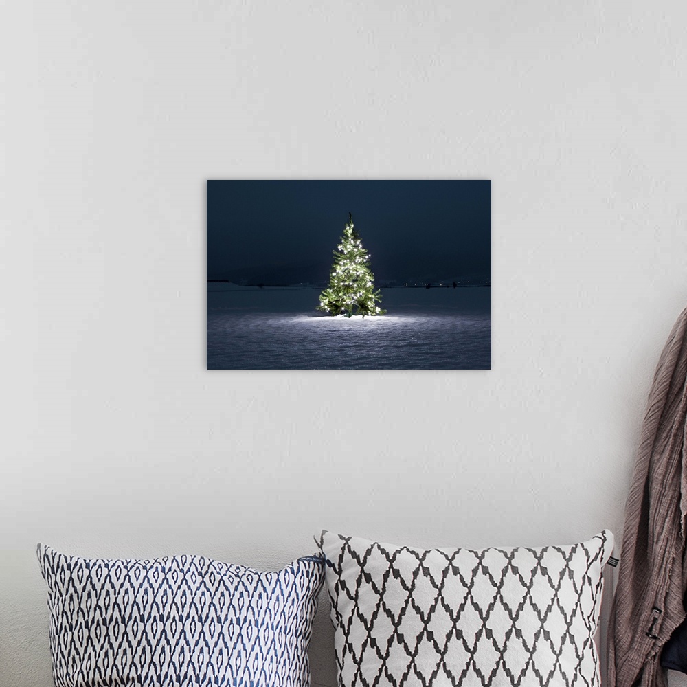 A bohemian room featuring Illuminated Christmas tree on the snow at night
