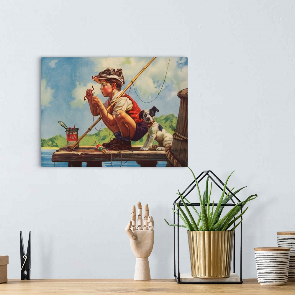 Illustration of Boy Hooking Bait | Large Metal Wall Art Print | Great Big Canvas