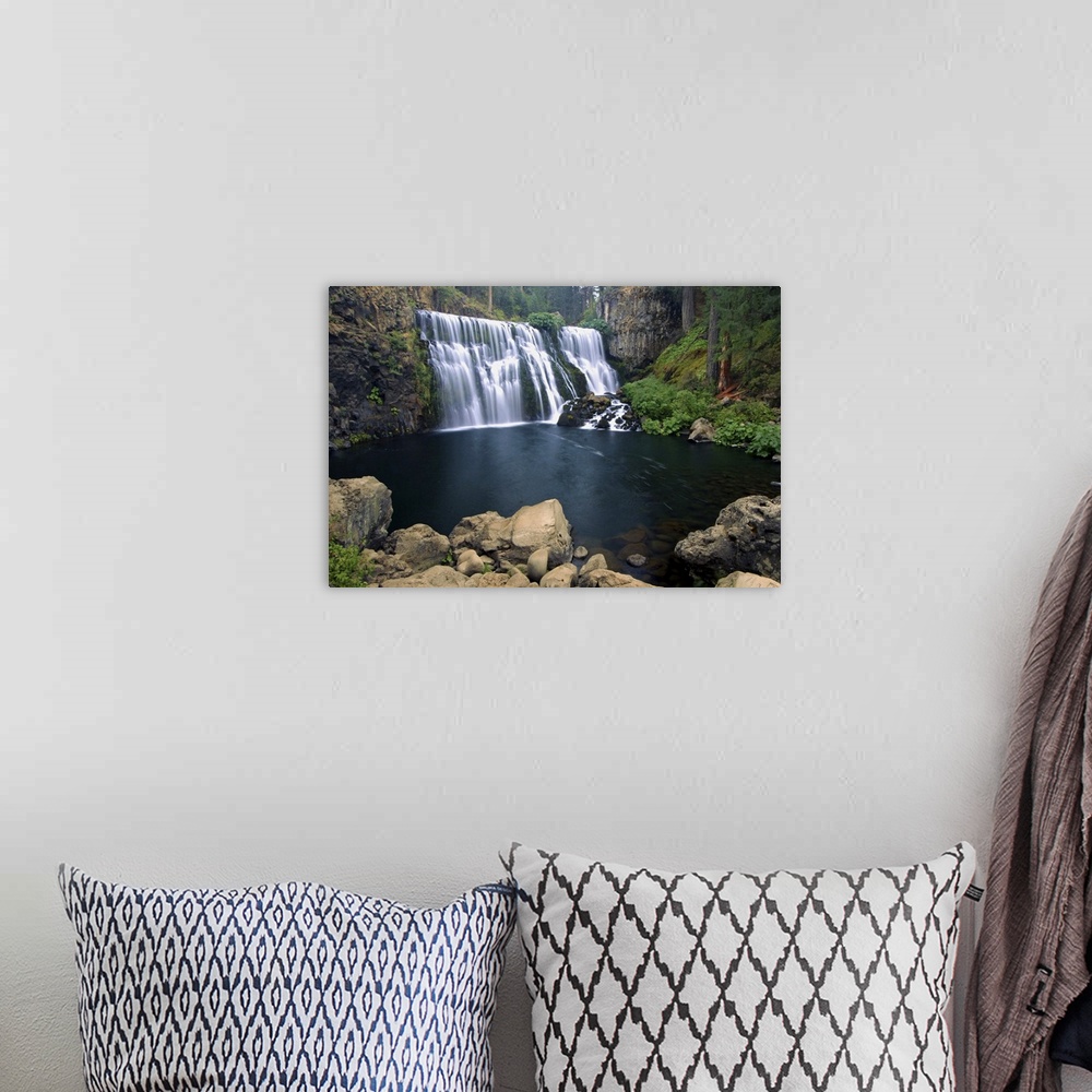 A bohemian room featuring 2 angles on the Middle McCloud River Falls in the early morning, near Mt Shasta, northern Califor...