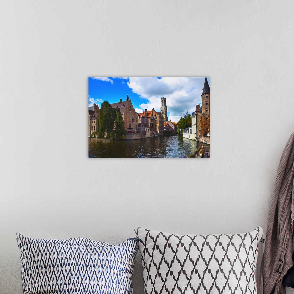 A bohemian room featuring Rozenhoedkaai . Quay of the rosary with Belfort tower, Bruges, Brugge, Flanders,Belgium, UNESCO W...