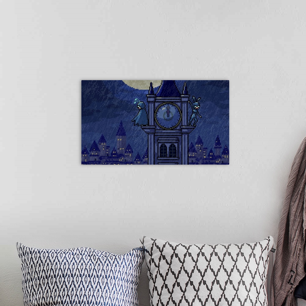 A bohemian room featuring pixel art scene midnight heroes