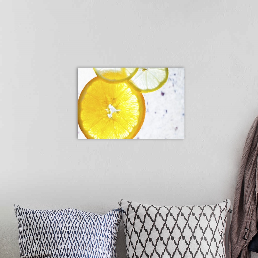 A bohemian room featuring Orange and lemon slices on a marble stone
