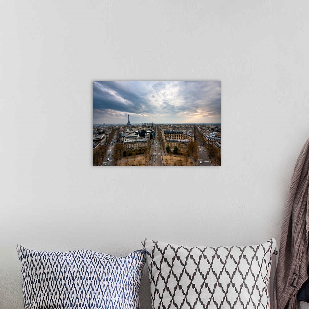 A bohemian room featuring Paris and Eiffel Tower, taken from the top of Arc de Triomphe.