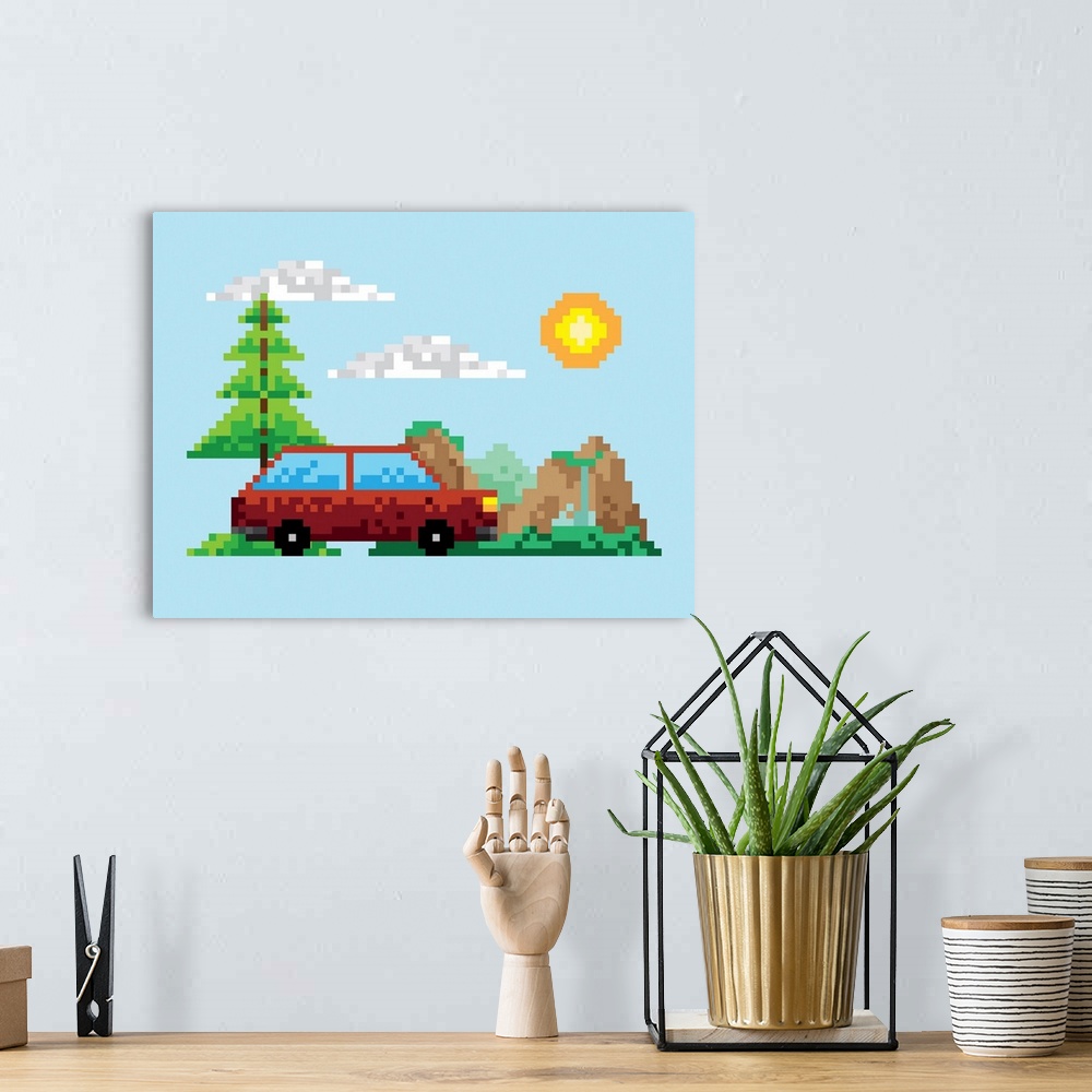 A bohemian room featuring Pixelated Car In Landscape Scene