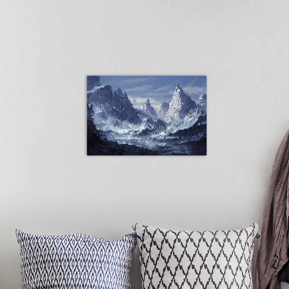 A bohemian room featuring Pixeleted Dramatic Snowy Mountains