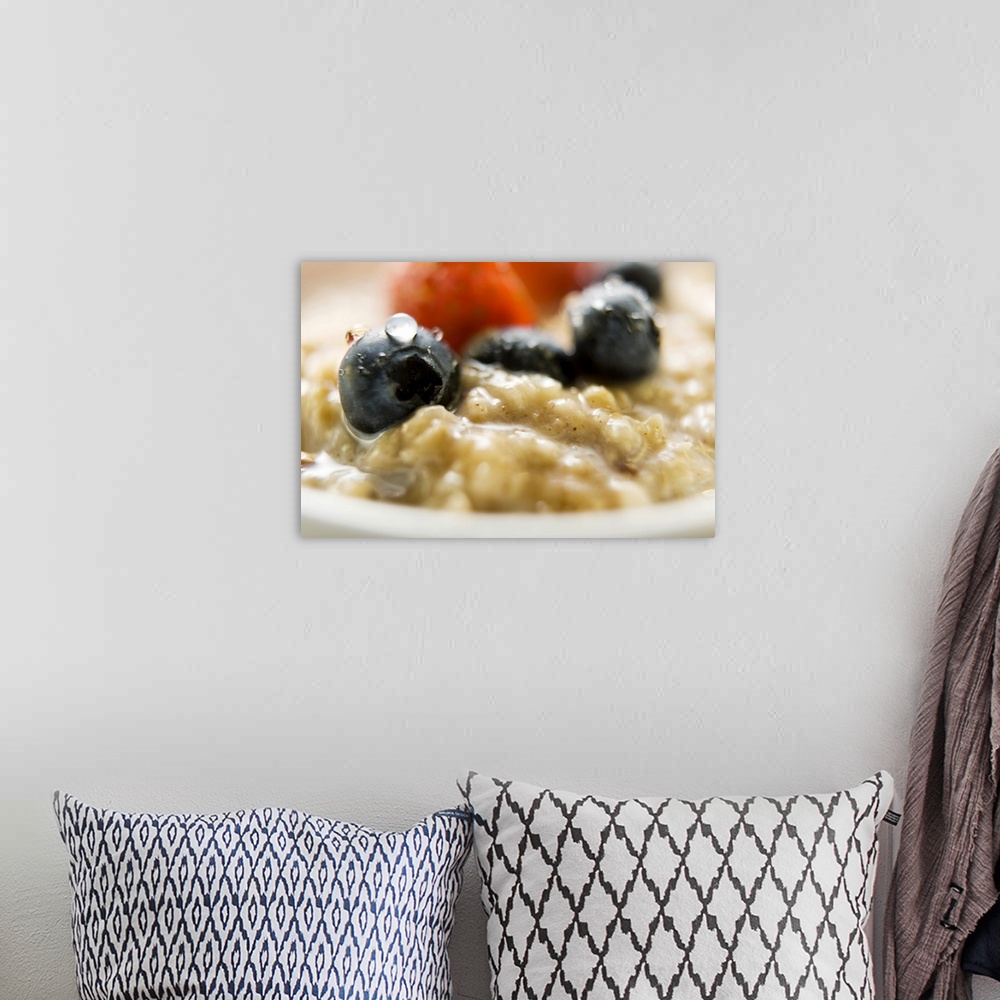 A bohemian room featuring Porridge with berries, close-up