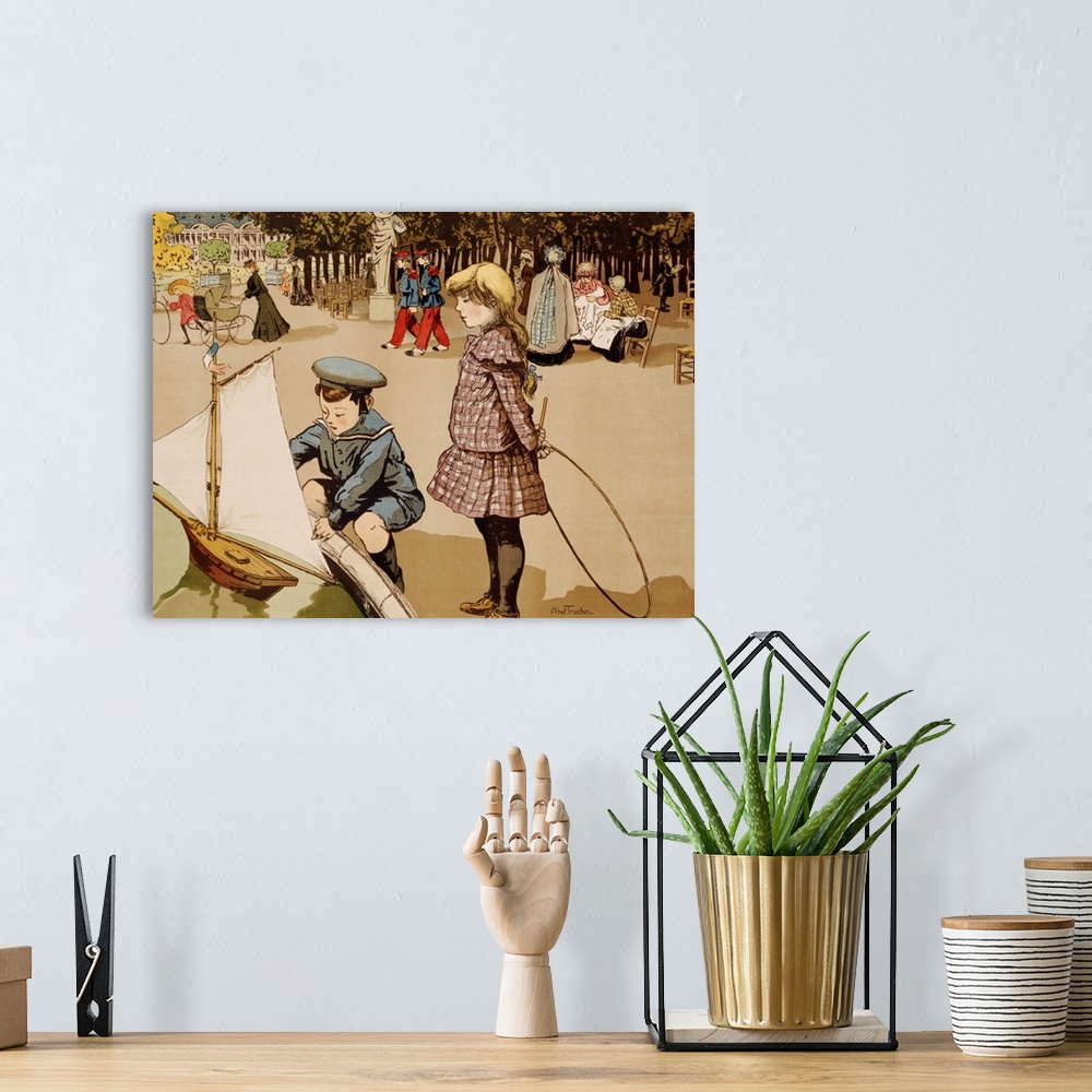 A bohemian room featuring Poster Of Kids Sailing Toy Sailboat By Abel Truchet