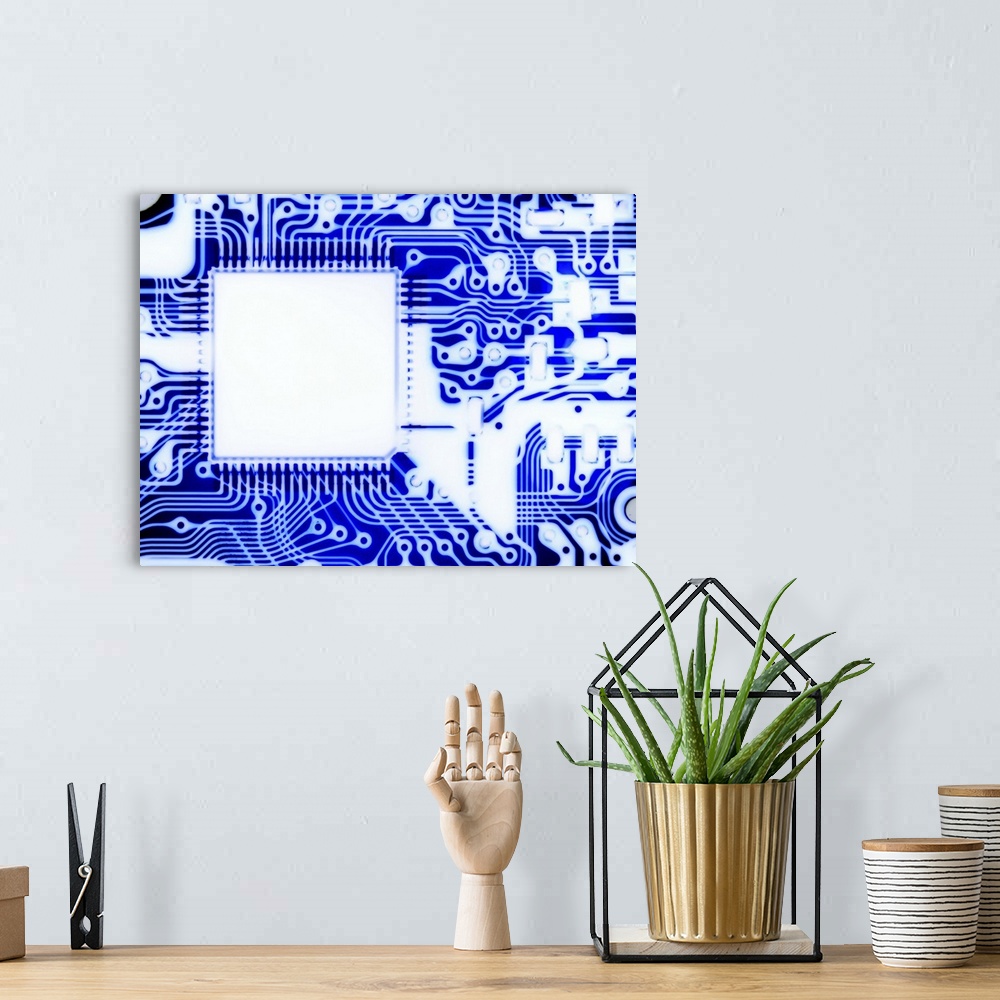 A bohemian room featuring Macrophotograph of a printed circuit. A printed circuit consists of lines of a metal conductor pr...