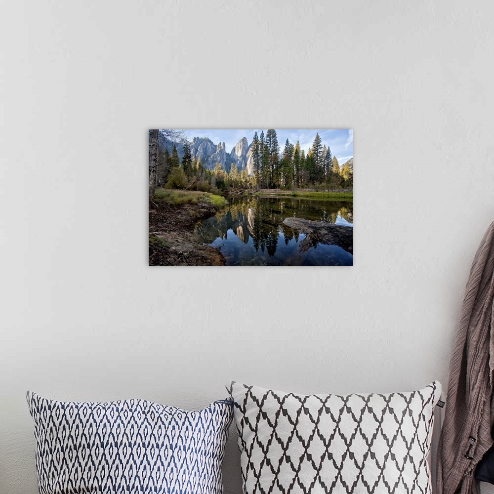 A bohemian room featuring Reflections of Cathedral Peaks along Merced River in Yosemite National Park.