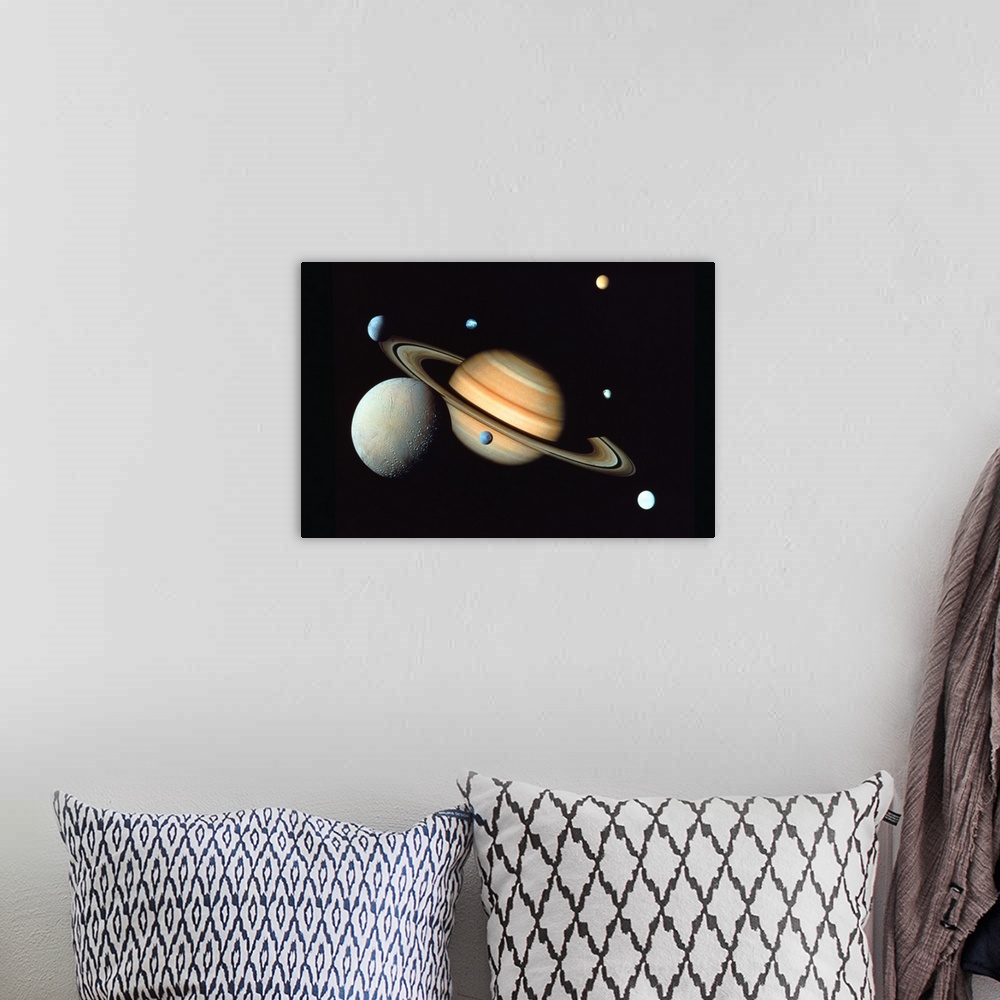 A bohemian room featuring Saturn and satellites