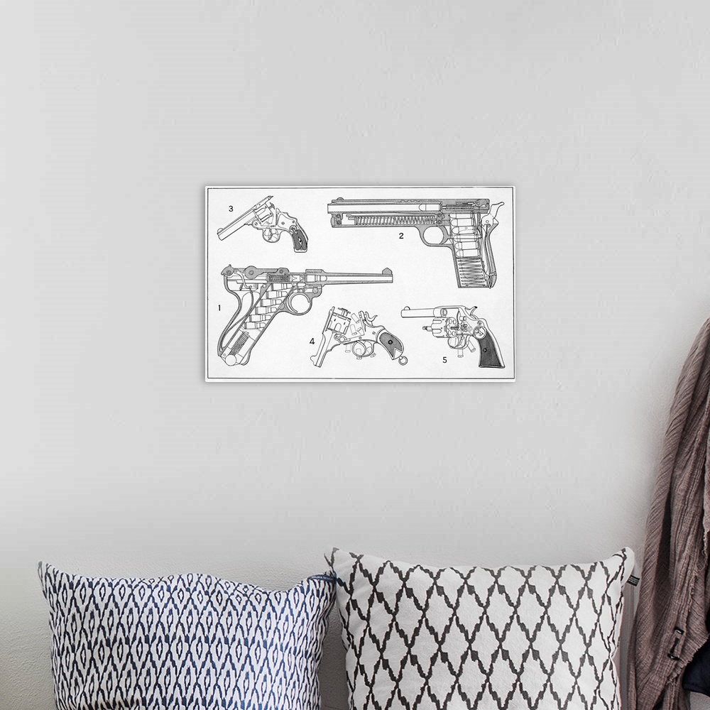 A bohemian room featuring Schematic drawing of the Borchardt-Luger Automatic Pistol.