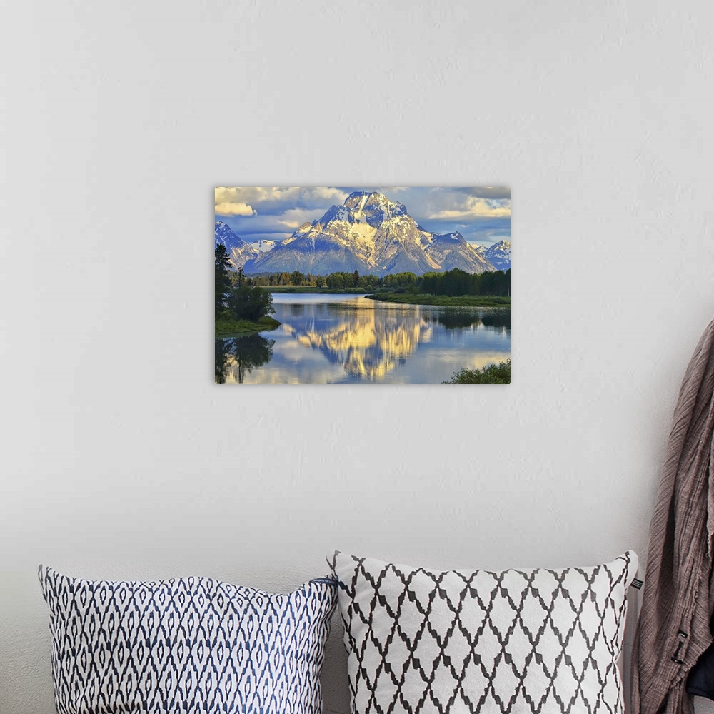 A bohemian room featuring Morning clouds and early morning light at Oxbow Bend in Grand Teton National Park in Jackson Hole...